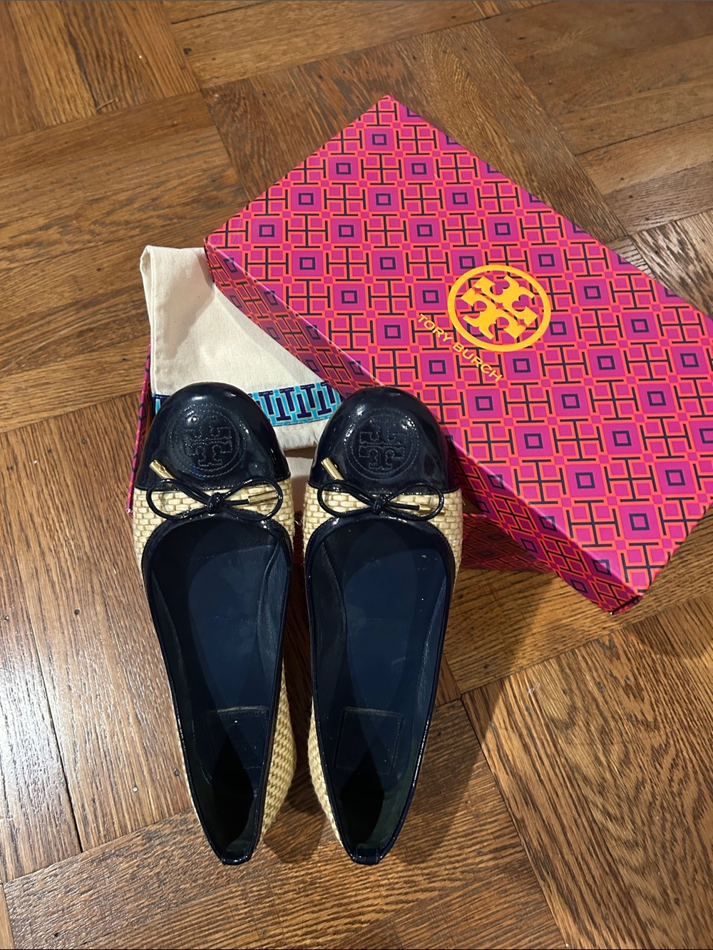 Tory Burch Navy Leather Cap-Toe Raffia Ballet Flats